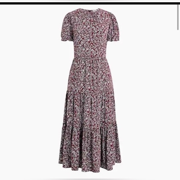 J. Crew Dresses & Skirts - J. Crew Burgundy Floral tiered Puff Sleeve Midi Dress Size XS